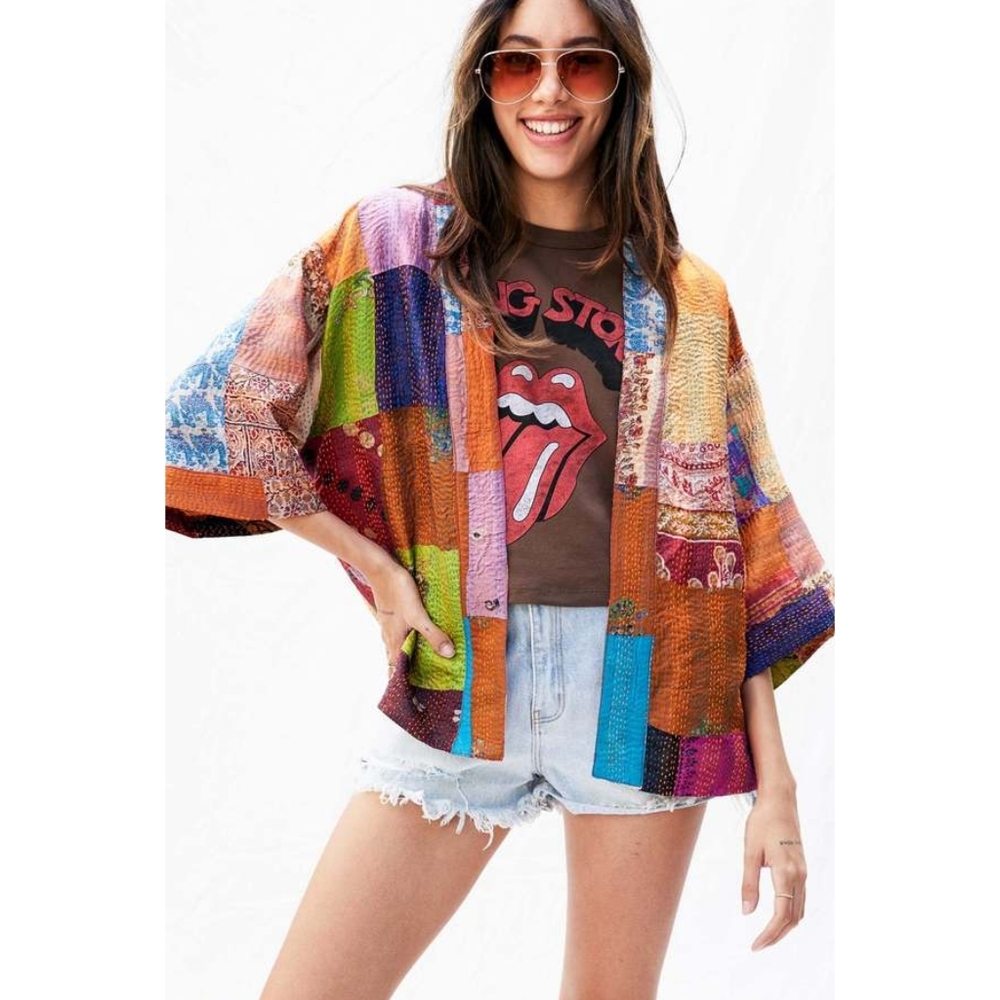 ARATTA Audrey Hand-stitched Kimono Jacket Abstract Patchwork Silk S/M